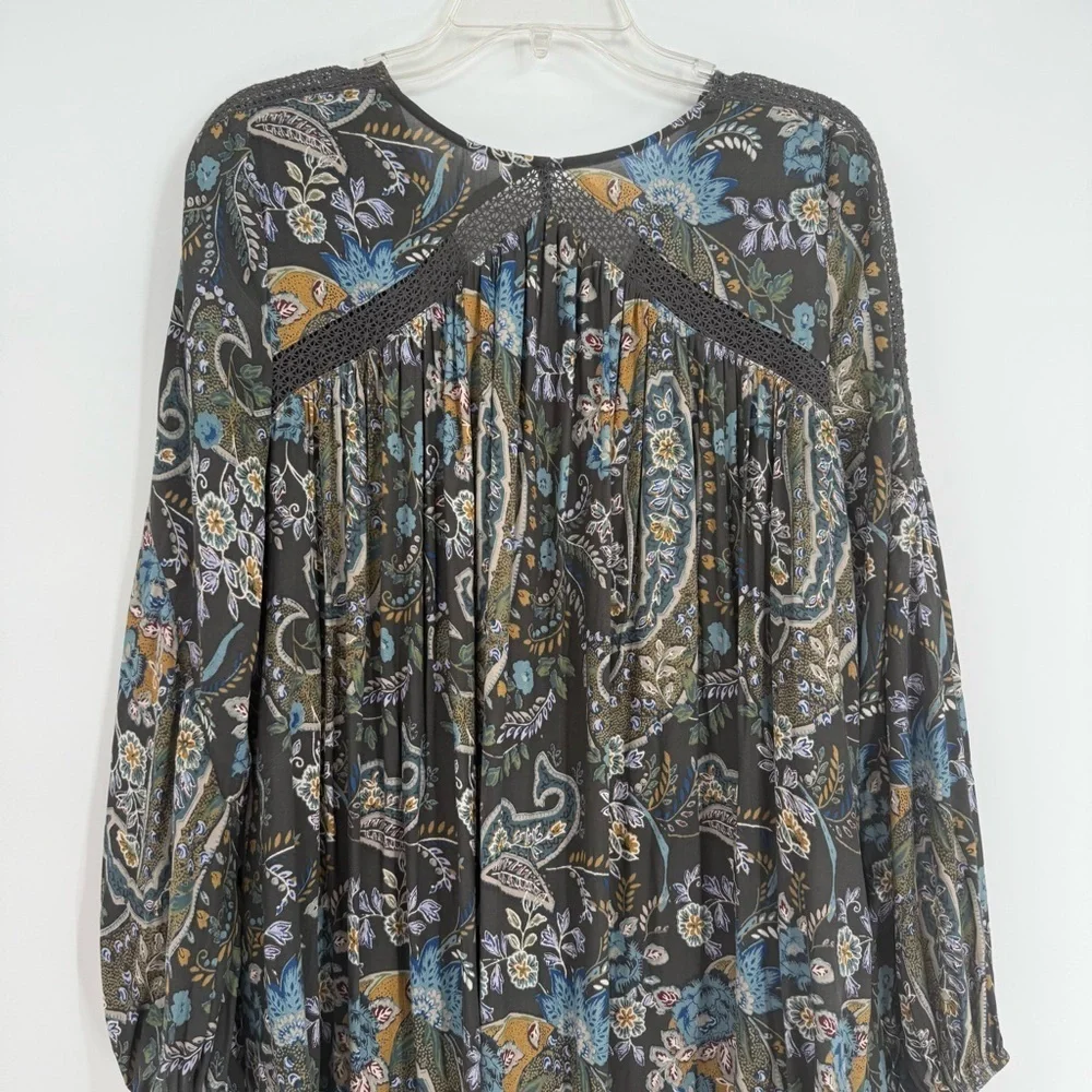 Free People Rain or Shine Dress S Paisley Floral Lace Up Tunic Gray Long Sleeve